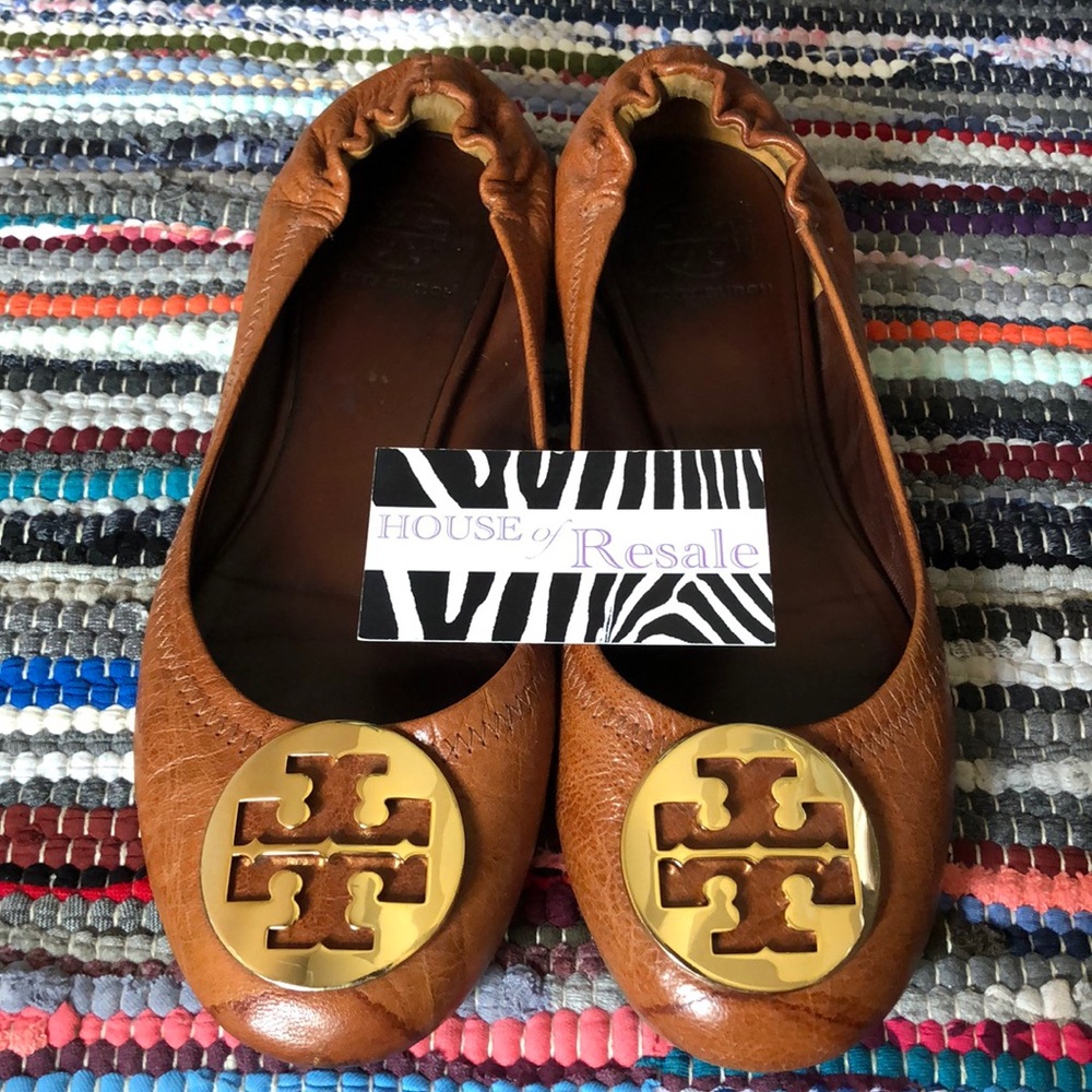 Tory Burch Brown Tan Reva Ballet Flat 8 Gold Logo